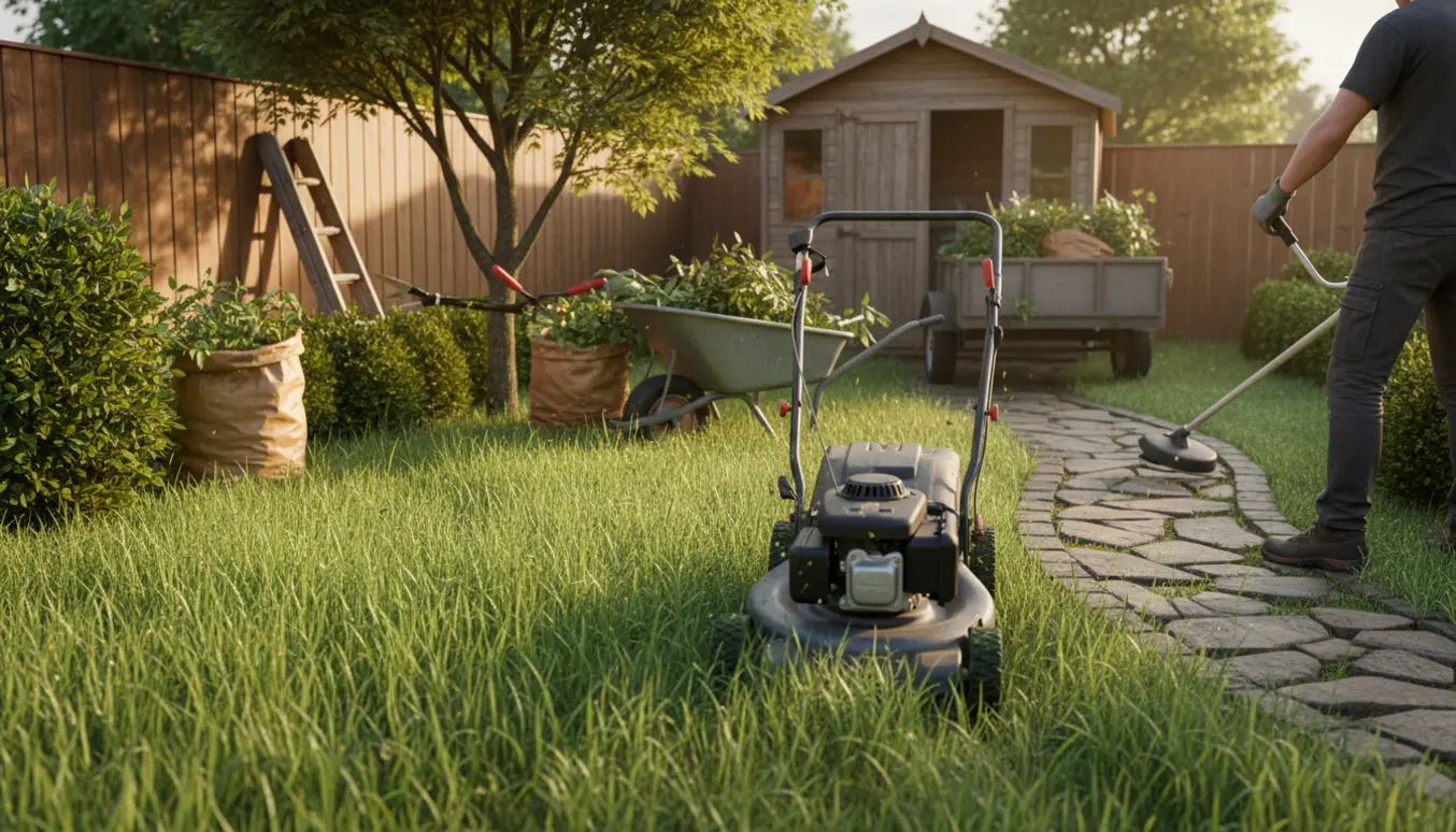 Højt græs bliver slået, kanter klippet og beskårne grene samles i en trillebør og trailer.