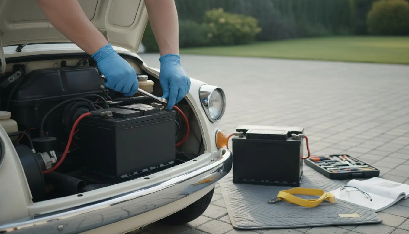 Nærbillede af batteriudskiftning på en Fiat 500 med åben motorhjelm og nyt batteri ved siden af.
