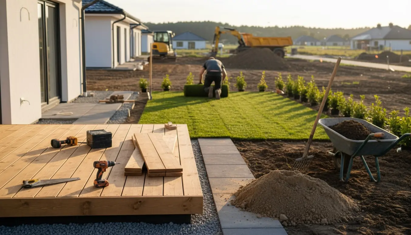 Nybygget hus med terrasse og have under anlæg: rullegræs, fliser, hække i potter og anlægsmaskiner i baggrunden.
