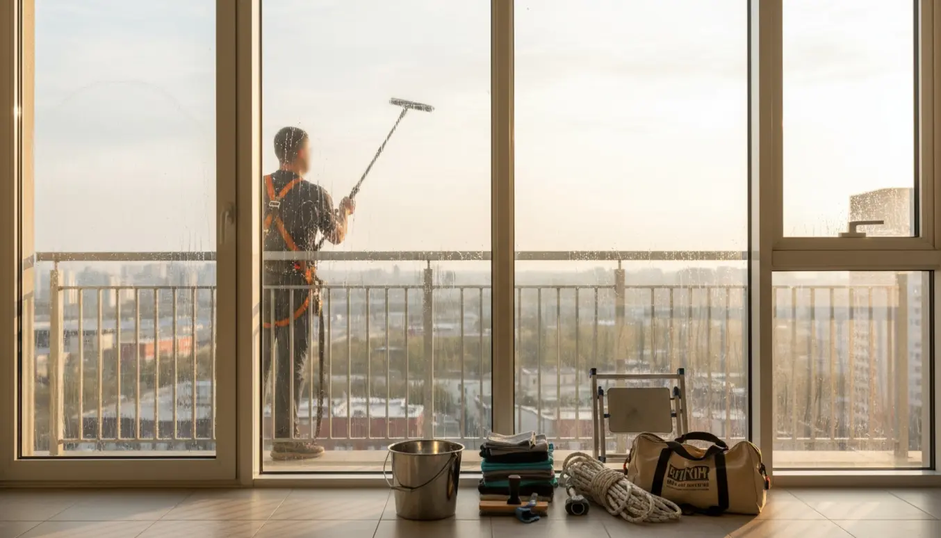 Vinduespudser på sjette sal tørrer store vinduer med forlængerskraber og udstyr på balkonen.