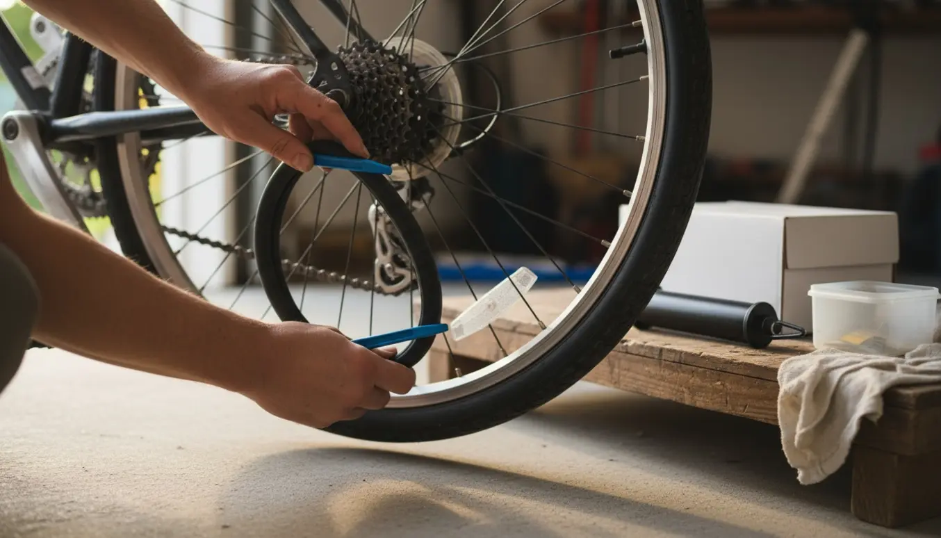 Nærbillede af hænder, der monterer en ny slange på baghjulet af en almindelig cykel i et lyst værksted.