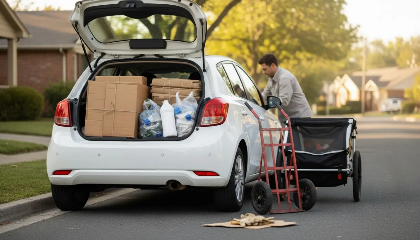 Åben bilbagagerum med sammenklappede papkasser og gennemsigtige sække med sorteret plastik klar til afhentning.