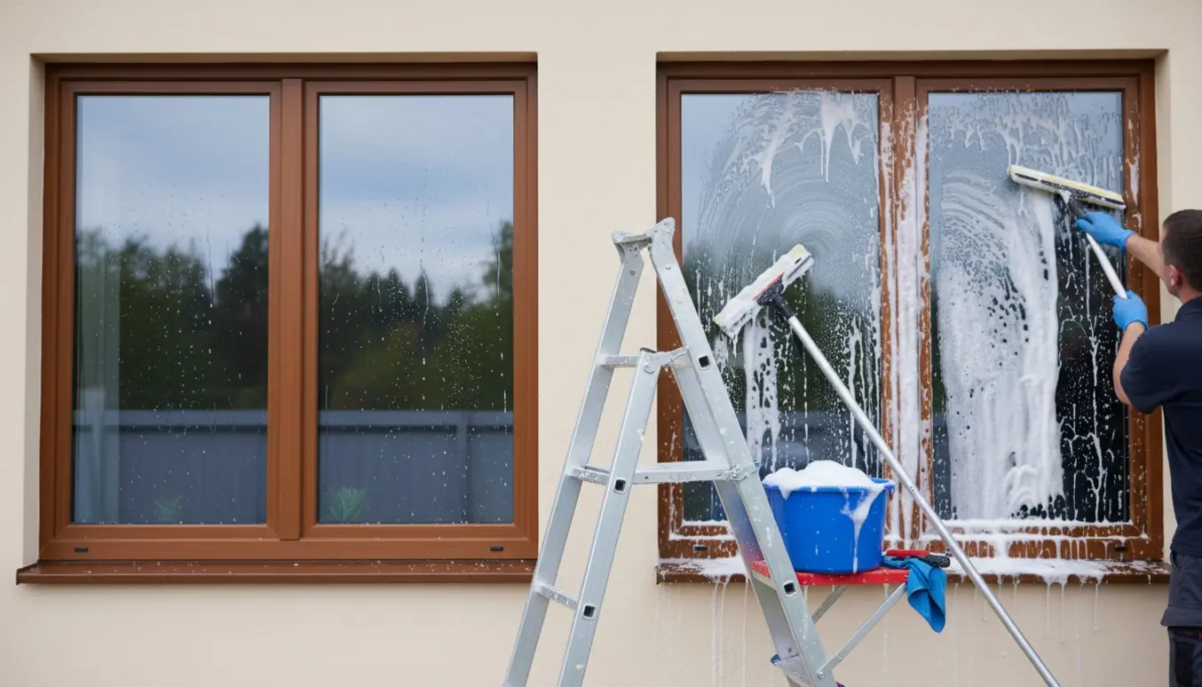 En person rengør fire vinduer med stige, spand og nal, hvor nogle ruder stadig har sæbeskum.