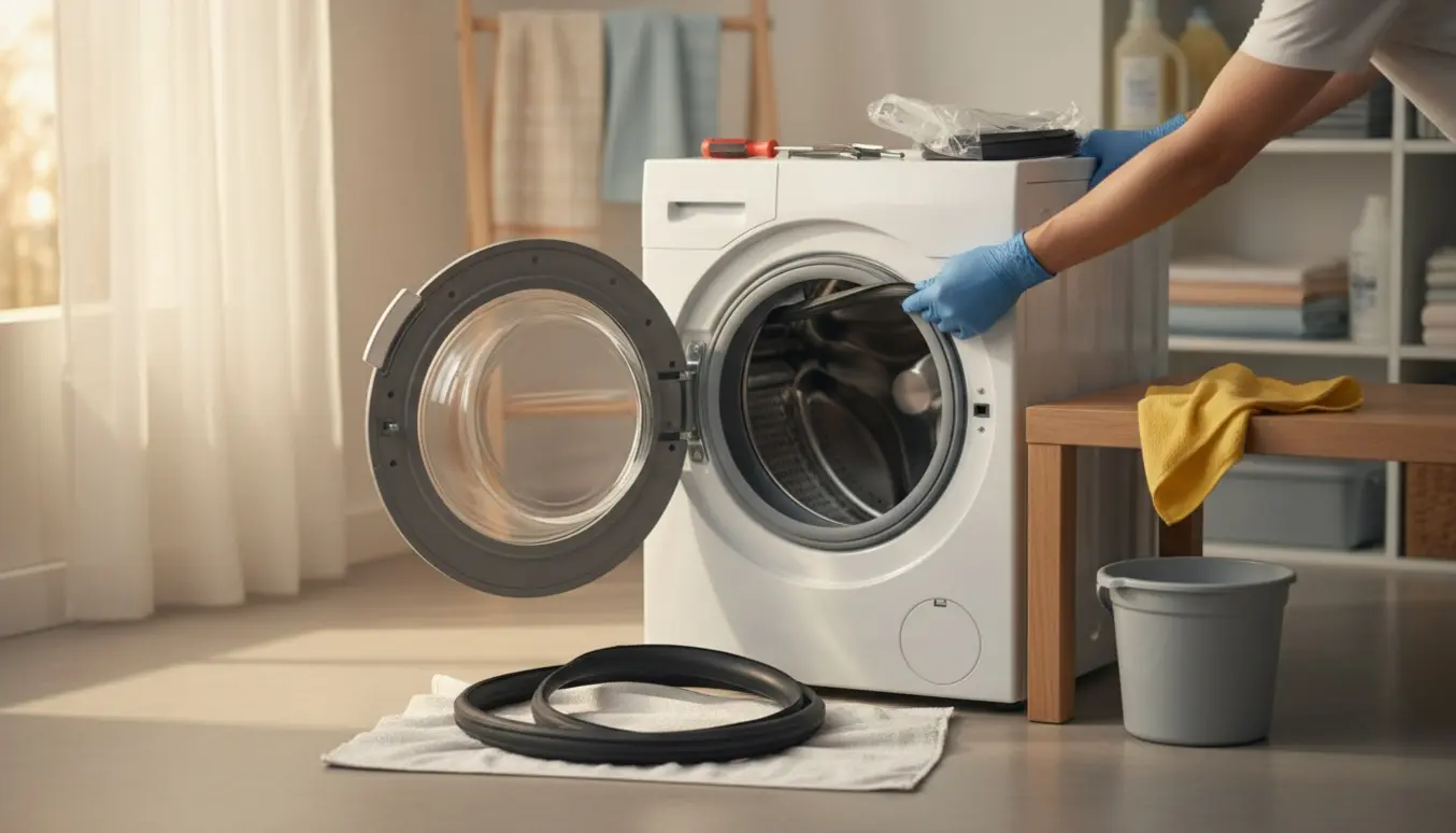Hænder udskifter dørbælg på en hvid frontbetjent vaskemaskine med værktøj og ny pakning ved siden af.
