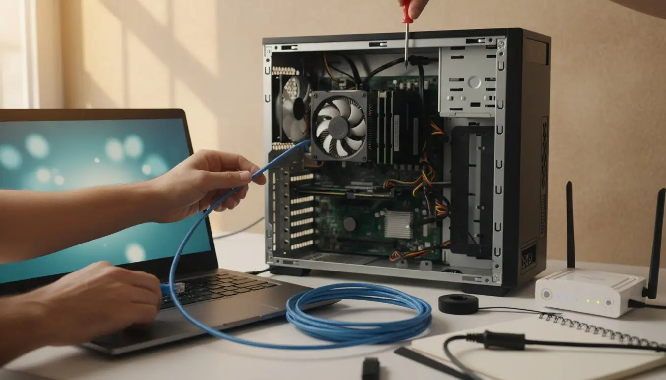 Hænder sætter en bærbar og en stationær computer op med netværkskabler og værktøj på et lyst skrivebord.