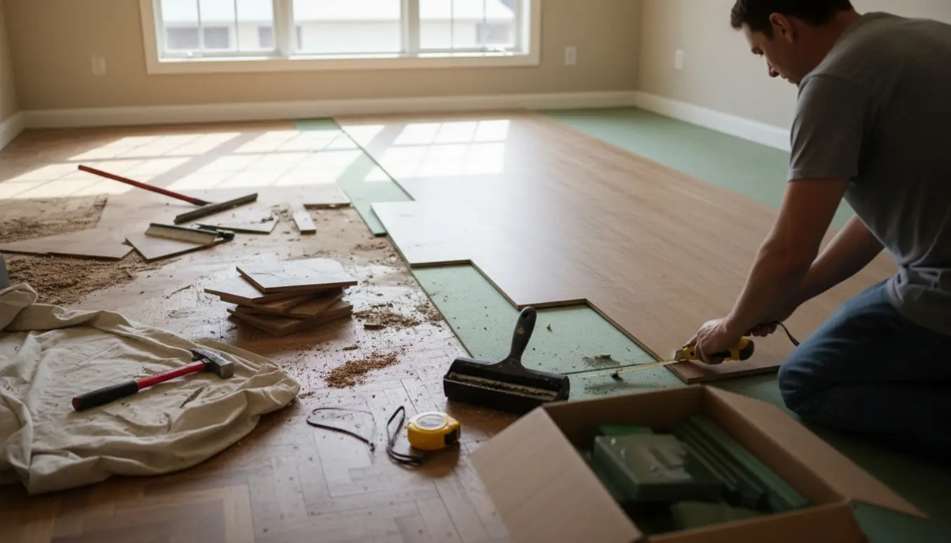 Delvist fjernet parket og nysat vinylgulv i et lyst rum med værktøj og materialer.