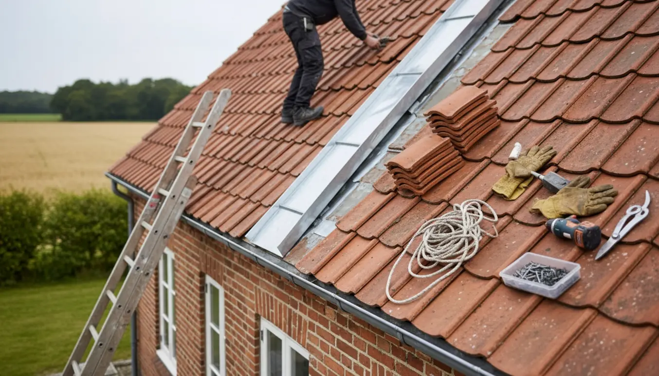 Håndværkere monterer en zink skotrende og udskifter teglsten på et rødt tag i blødt dagslys.