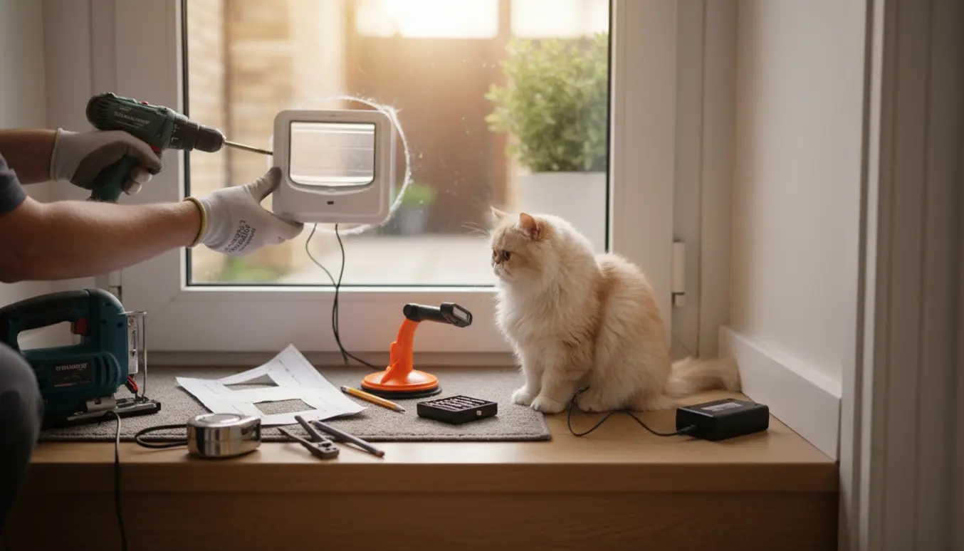 Tekniker monterer en elektronisk kattelem i en glasdør, mens en lille kat venter ved siden af.