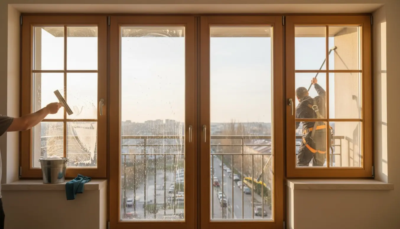 Vinduespudsning i en femte-salslejlighed med fem dannebrogsfag og to dobbelte altandøre, hænder med skureredskaber og sæbebobler på glasset.