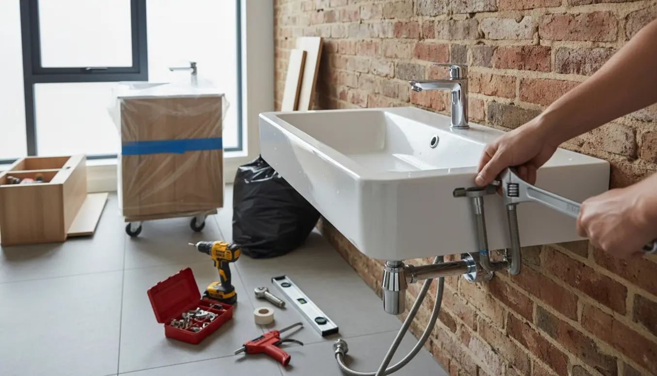 Håndværker tilslutter en ny væghængt badeværelsesvask foran en murstensvæg, med gamle møbler klar til bortskaffelse.