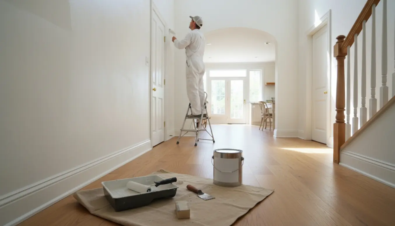 Interiørfoto af professionel maler på stige, der ruller hvid maling på en væg med malerværktøj og spartlede pletter i forgrunden.