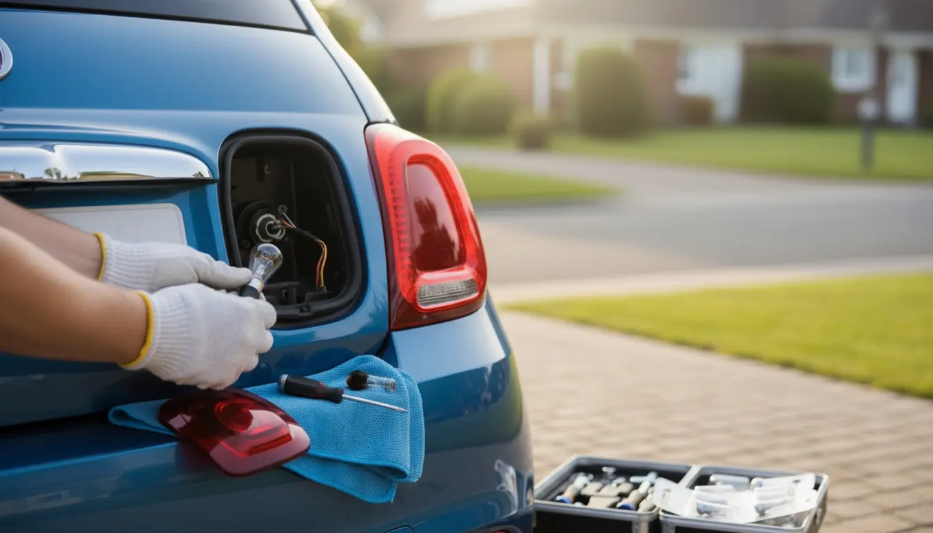 Hænder udskifter højre baglygtepære på en Fiat 500 med reservedel og værktøj på bagkofangeren.