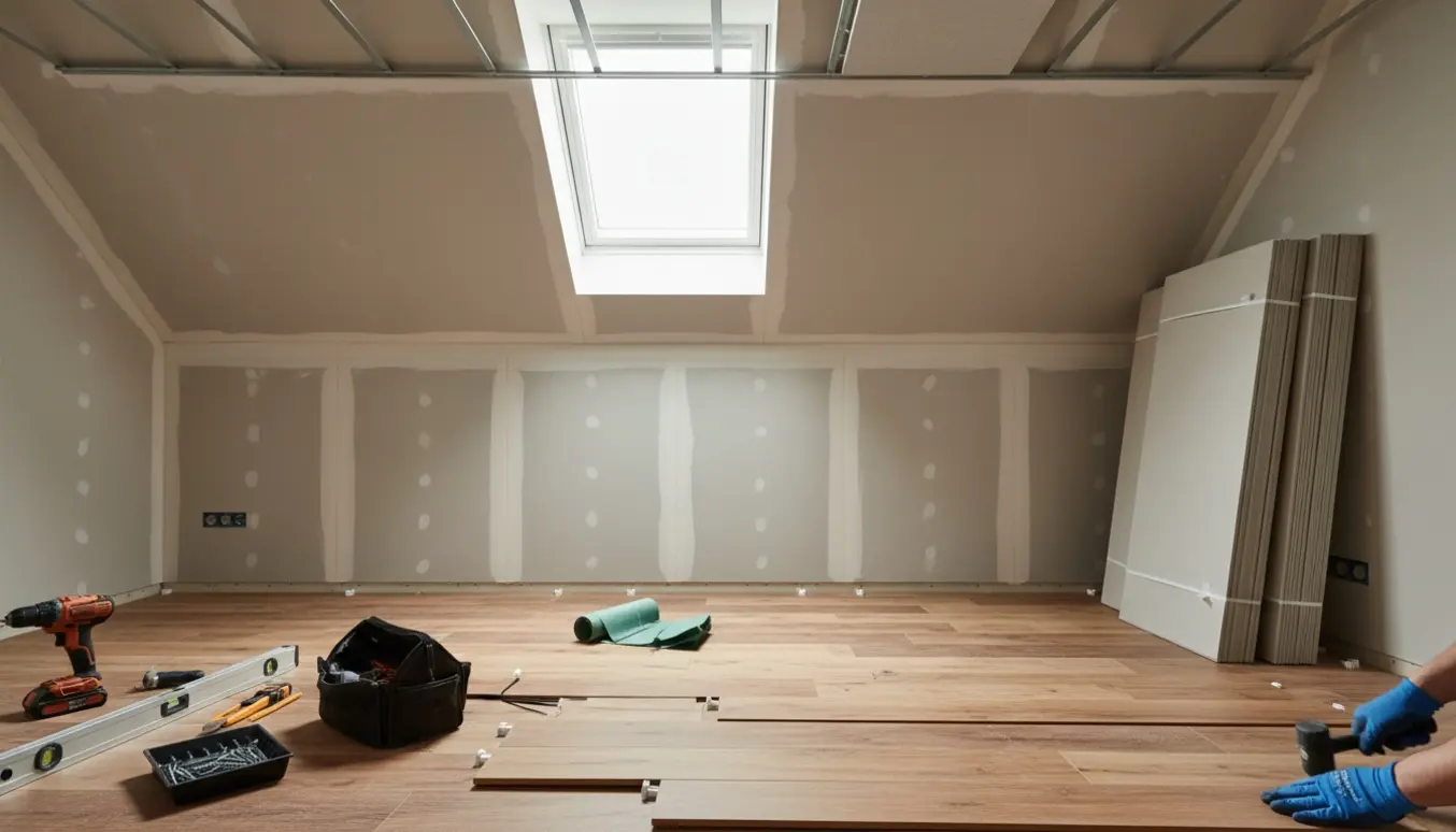 Halvrenoveret taglejlighed med nymonteret gipsvæg, nedsænket loftsramme og nylagt trægulv i dagslys.