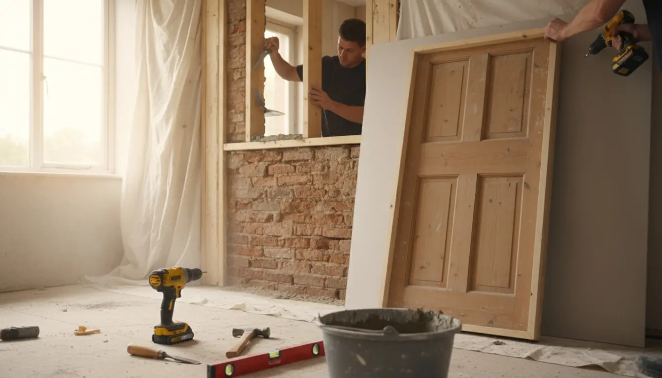 Indvendigt dørhul uden dør, hvor håndværkere blænder åbningen med mursten, gips og værktøj.