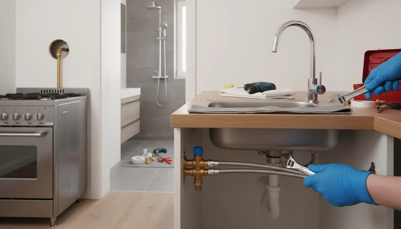 Åben installation med opvaskemaskinetilslutninger, et hul i væggen med gastilslutning og kromarmaturer klar til montering.