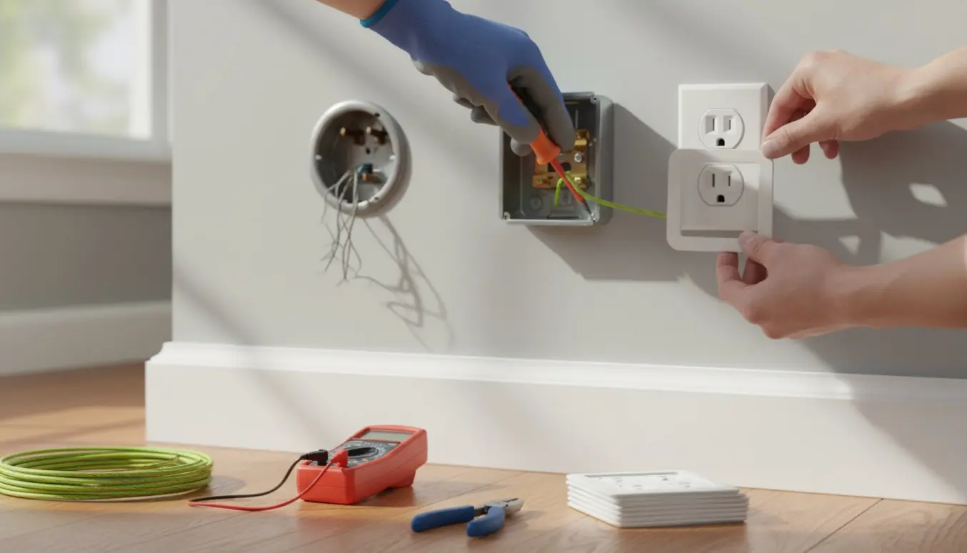 Elektriker monterer jordforbindelse og børnesikring på stikkontakter i et lyst hjem.