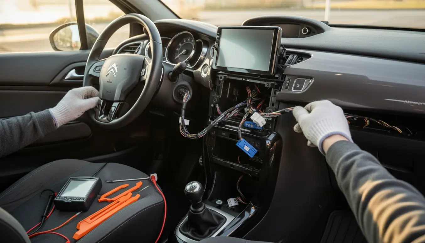 Eftermontering af Apple CarPlay-skærm i en Citroën DS3 2013 med synligt ledningsnet og værktøj.