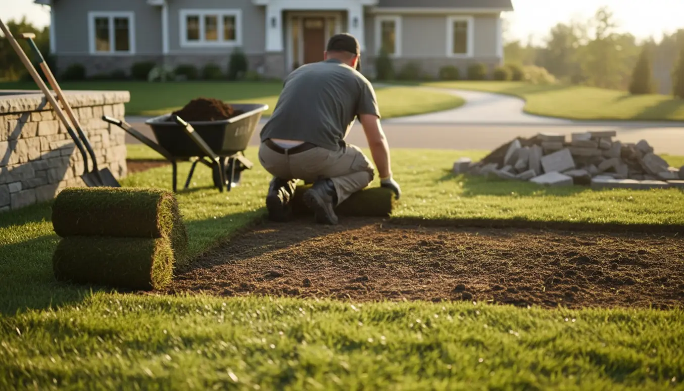 Forhave får nyt græs efter et mindre byggeprojekt med rullegræs, trillebør og haveredskaber.