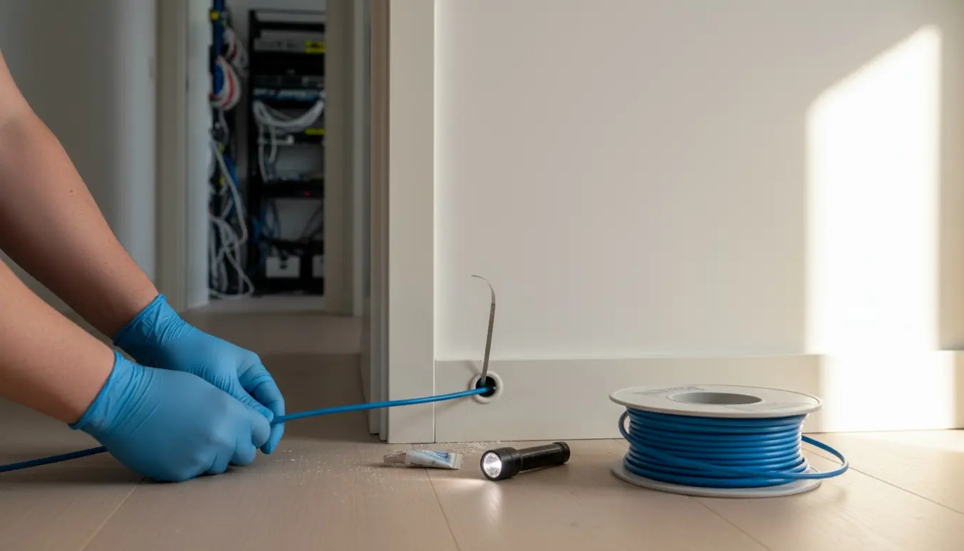 Handsker trækker et netkabel gennem et tomrør fra stuen mod teknikrummet.