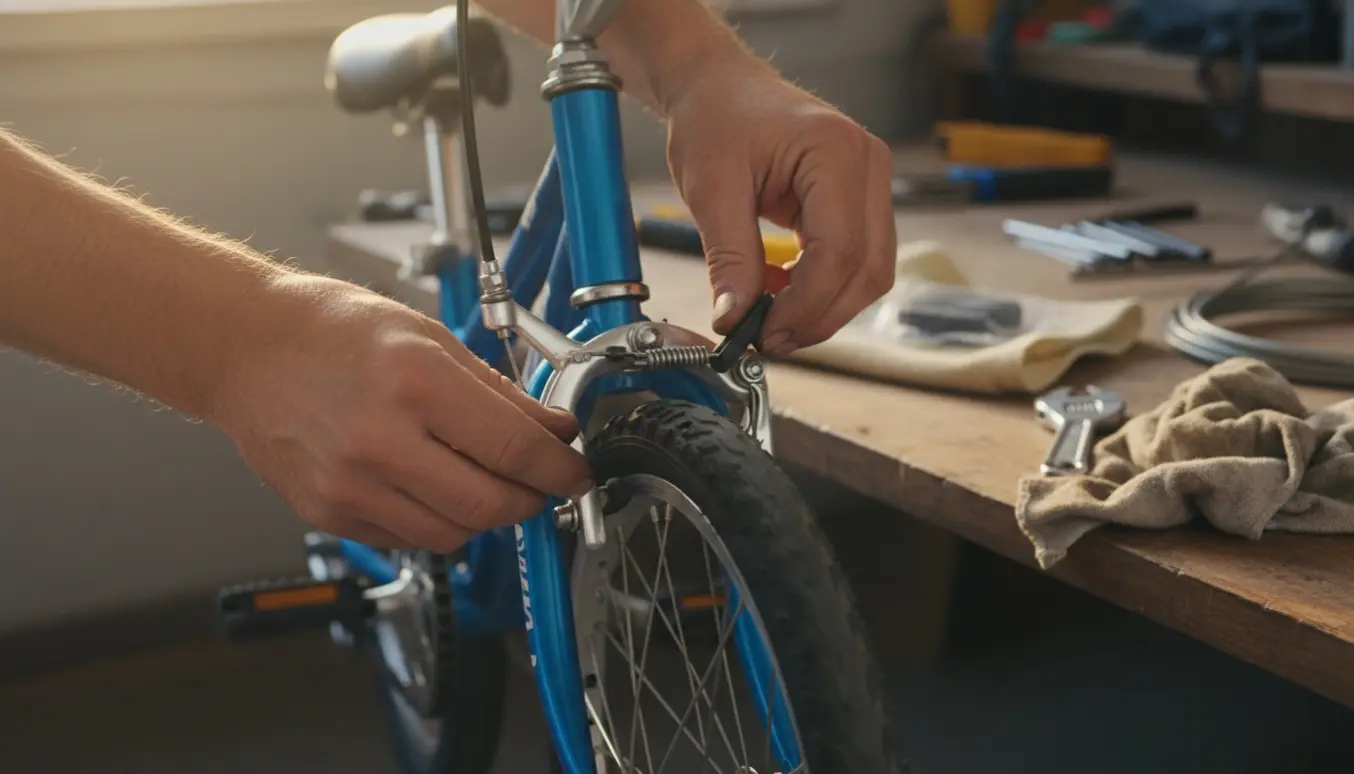 Nærbillede af hænder, der udskifter bremseklodser og justerer bremsekabel på en lille cykel i en garage.