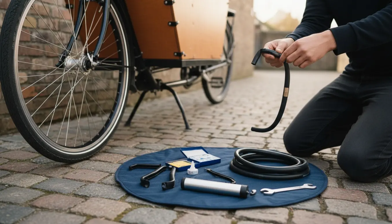 Hænder lapper eller skifter slange på et ladcykeldæk med lapningssæt og pumpe.