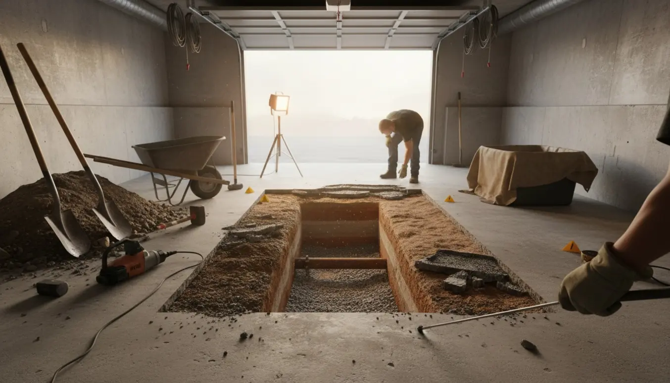 Delvist udgravet garage i kælder med værktøj, jord og et synligt rør i udgravningen.