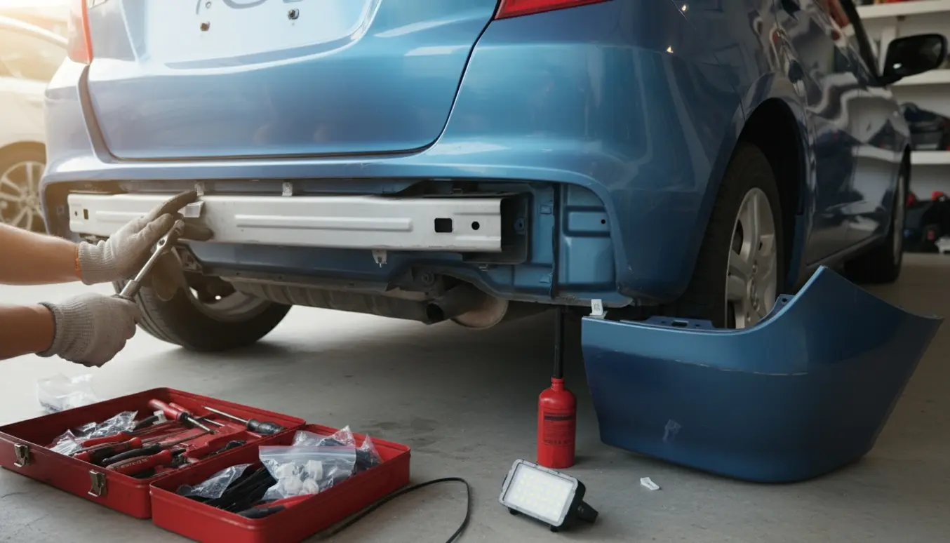 Løs bagkofanger på en lille bil, hvor hænder genmonterer plastikclips i en garage.