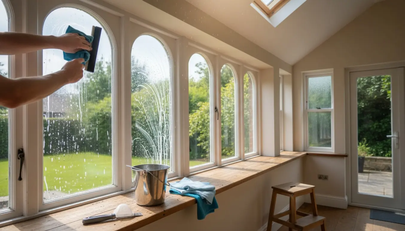 Hænder pudser et buet dobbeltvindue indefra med svaber og klud, omgivet af forskellige vinduestyper og rengøringsudstyr.