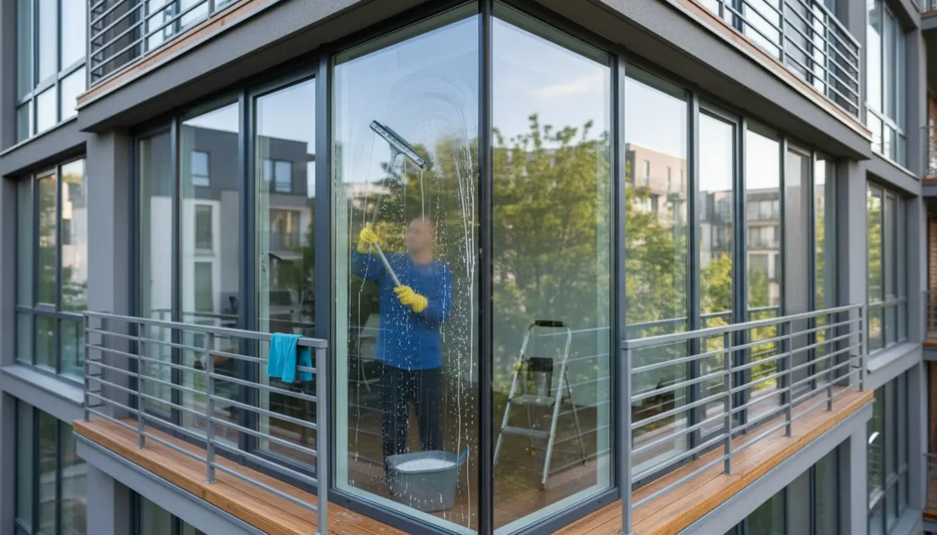 Person pudser ydre vinduer fra en 1. sals altan med svaber, spand og microfiberklud.