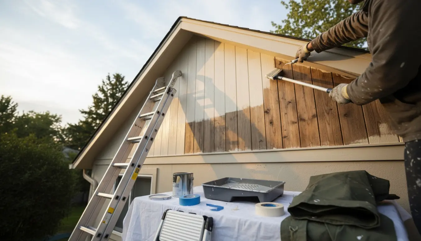 En person på stige maler husets høje gavl med frisk maling, mens malerudstyr ligger på en afdækningsdug.