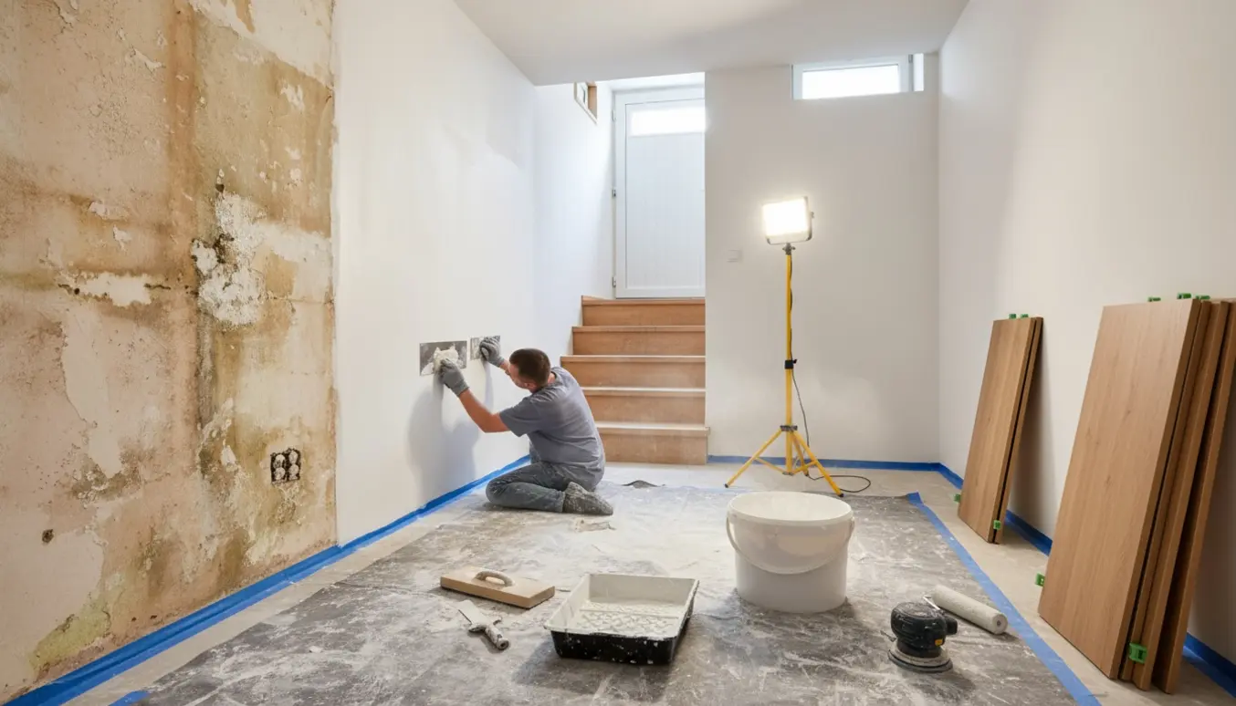 Kælderværelse under renovering med delvist fjernet tapet, spartelværktøj, malerudstyr og stakke af kliklaminatgulv.