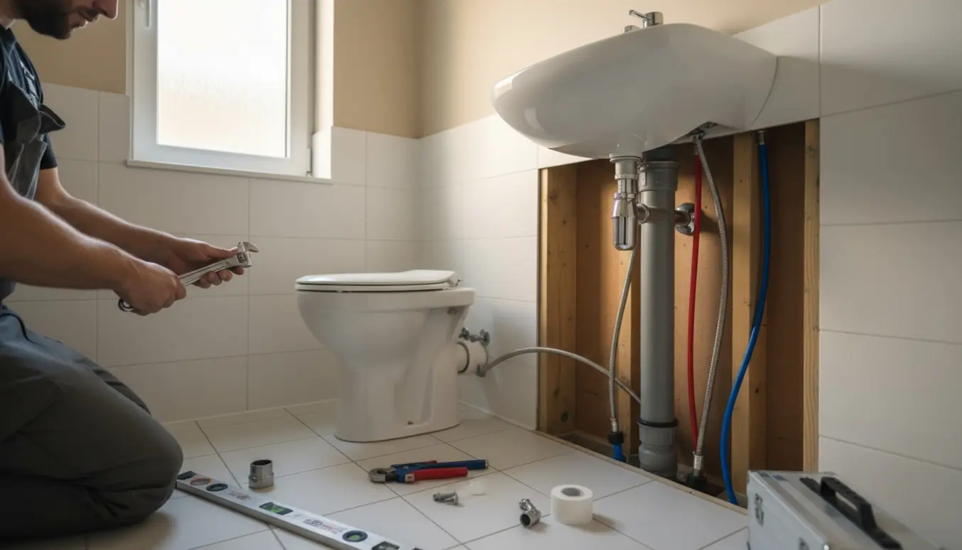 Ny montering af kompakt gulvtoilet og håndvask med synlig 90 mm faldstamme og vandtilførsel gennem etageadskillelsen.