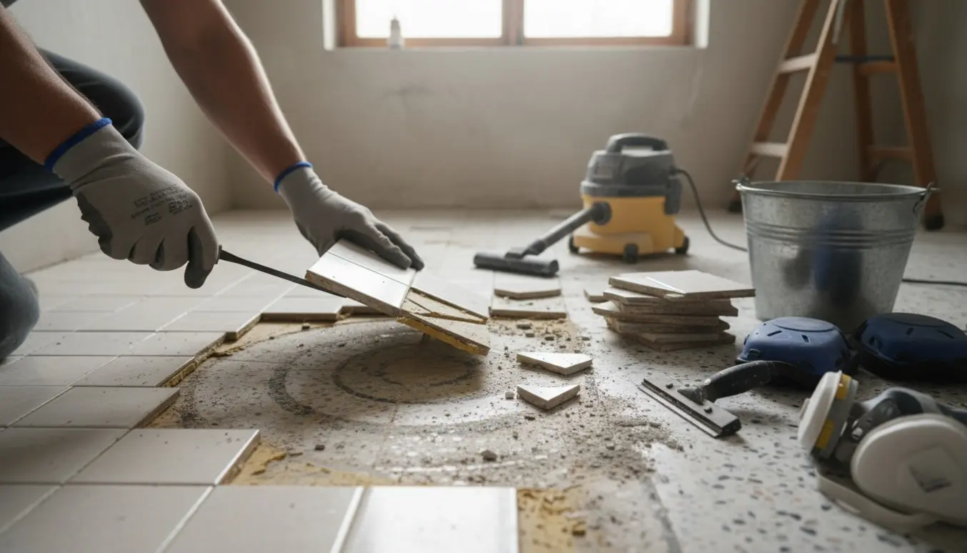 Nærbillede af fliser, der fjernes fra et lille badeværelsesgulv og afslører terrazzo underlaget med værktøj og støv omkring.