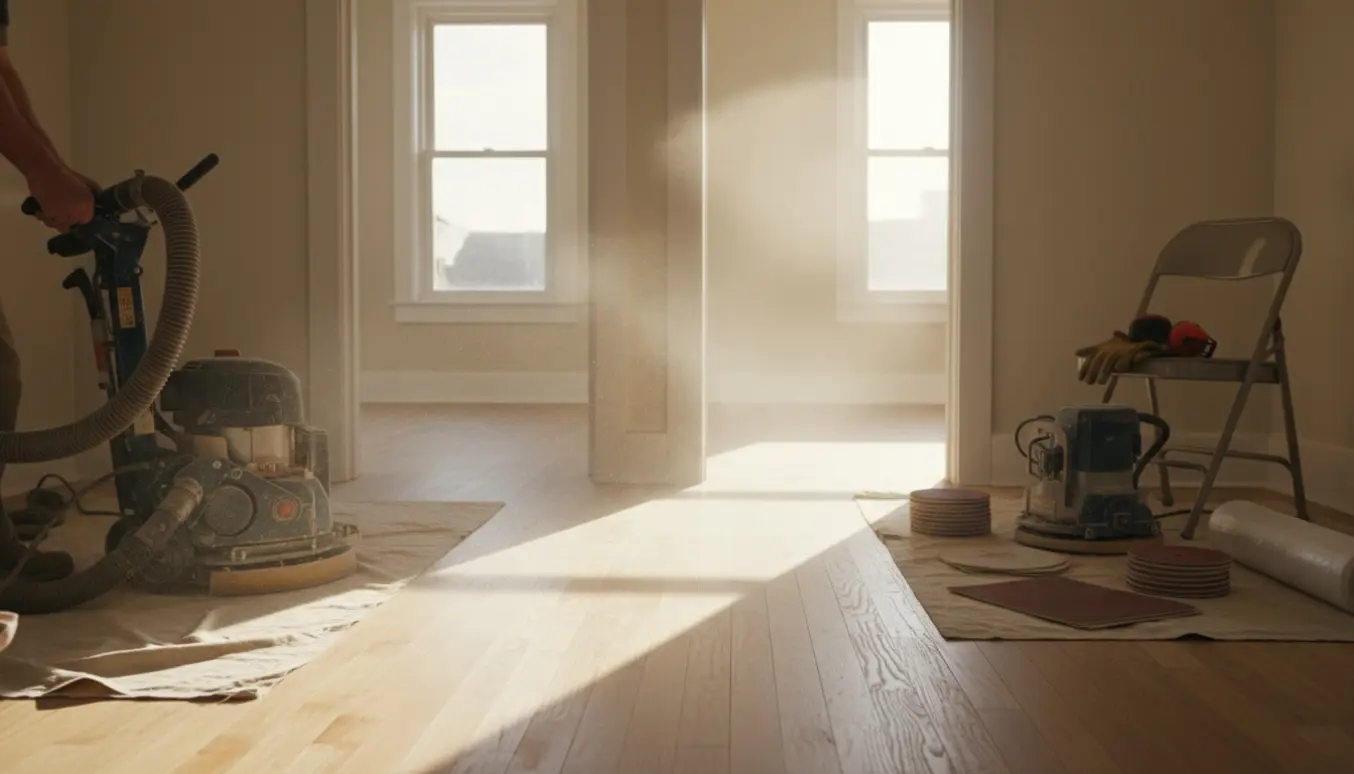 Gulvslibning i to sammenhængende værelser med maskine, synlig overgang fra gammel lak til nyslebet træ.