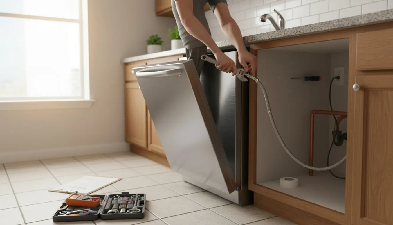 Tekniker forbinder en opvaskemaskine til vand- og eltilslutning i et køkken, kun hænder synlige.