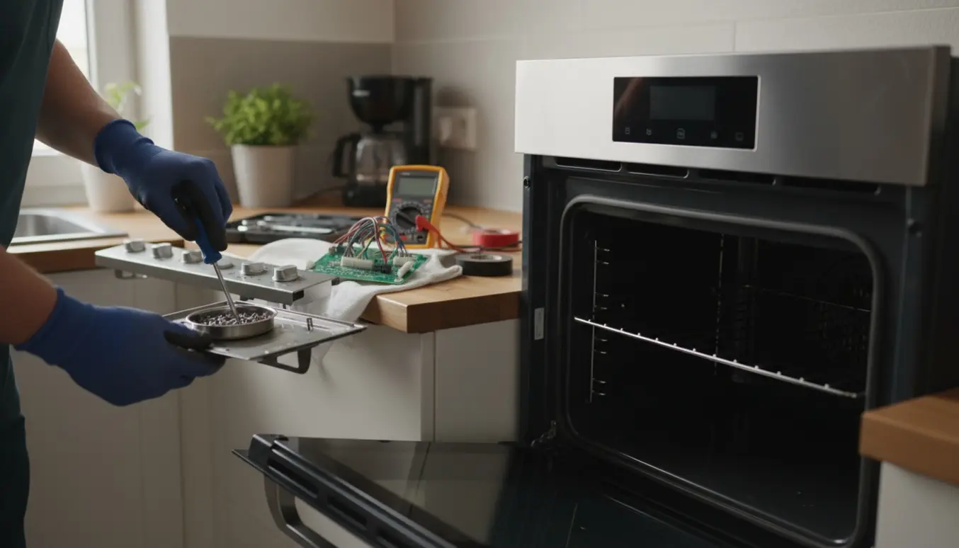 Nærbillede af hænder med skruetrækker ved en åben ovn og et løst kontrolpanel på køkkenbordet.