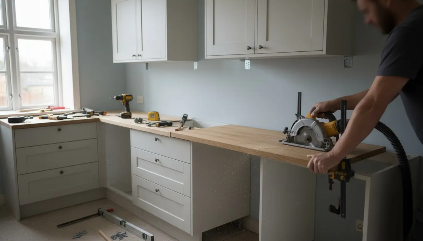 Montage af klassisk københavnerkøkken med skabsmoduler og tilskæring af bordplade.