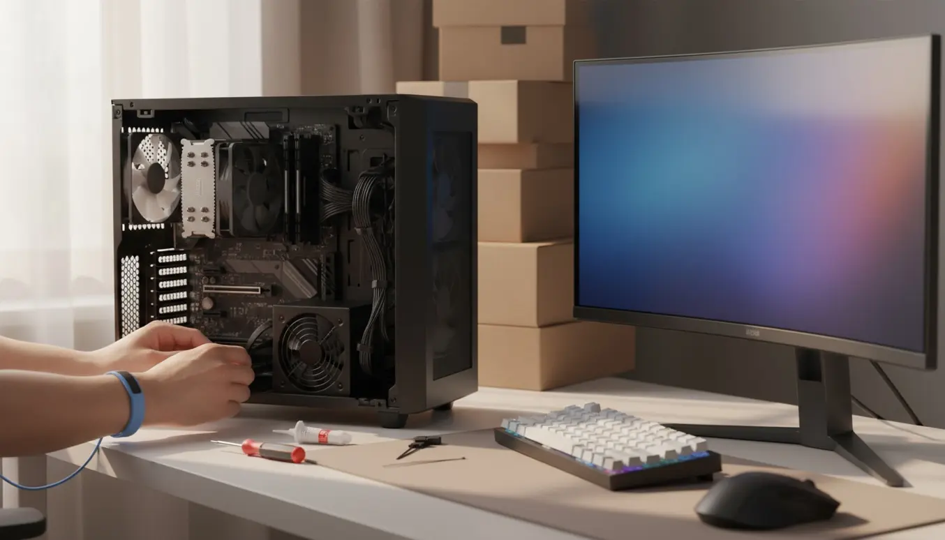 Nærbillede af et skrivebord med en ny pc under opsætning: åben kabinet, komponenter, skruetrækker og hænder uden ansigt.