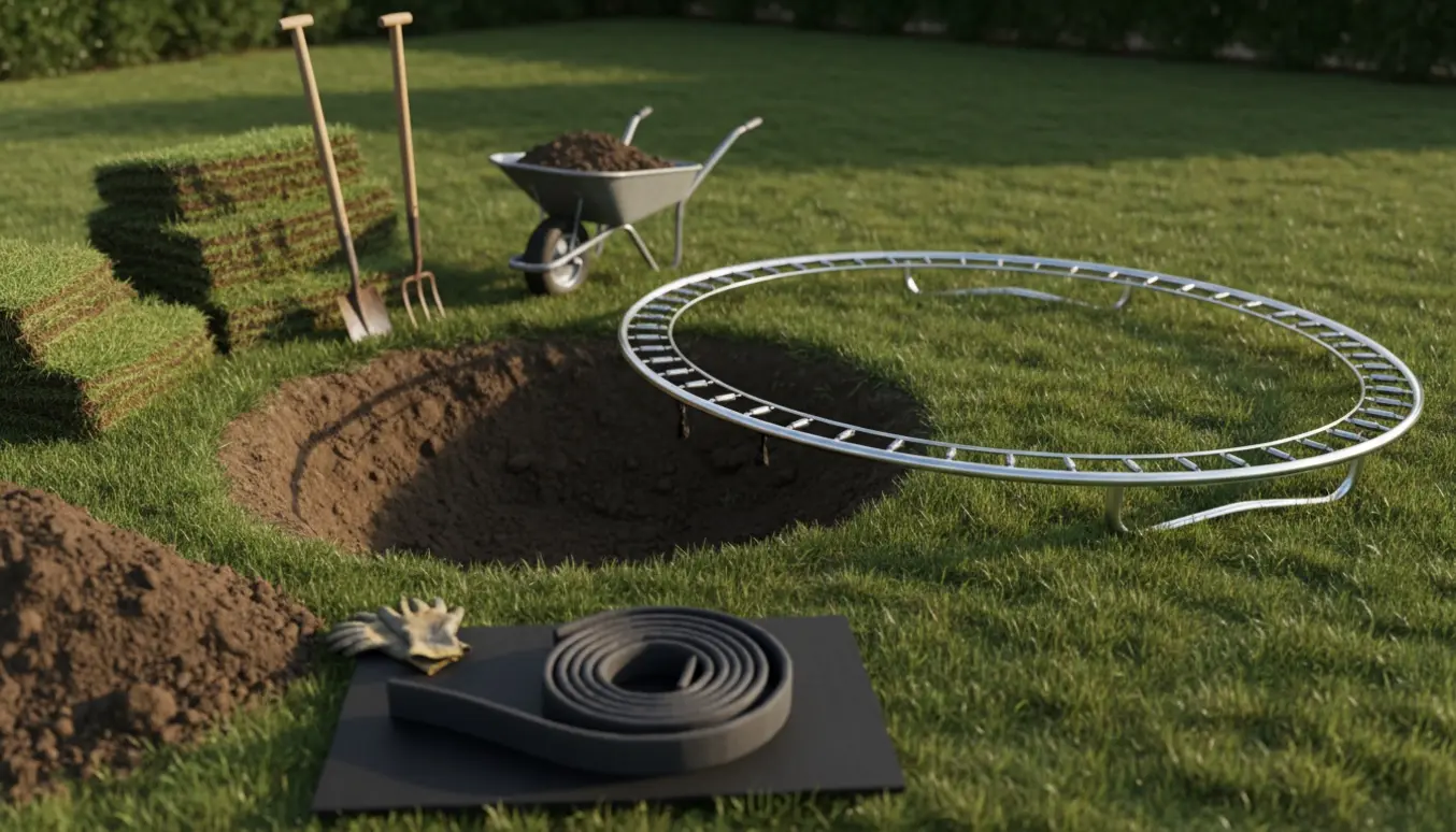 Udgravning til indbygget trampolin med jordbunker, værktøj og ramme klar til nedgravning.