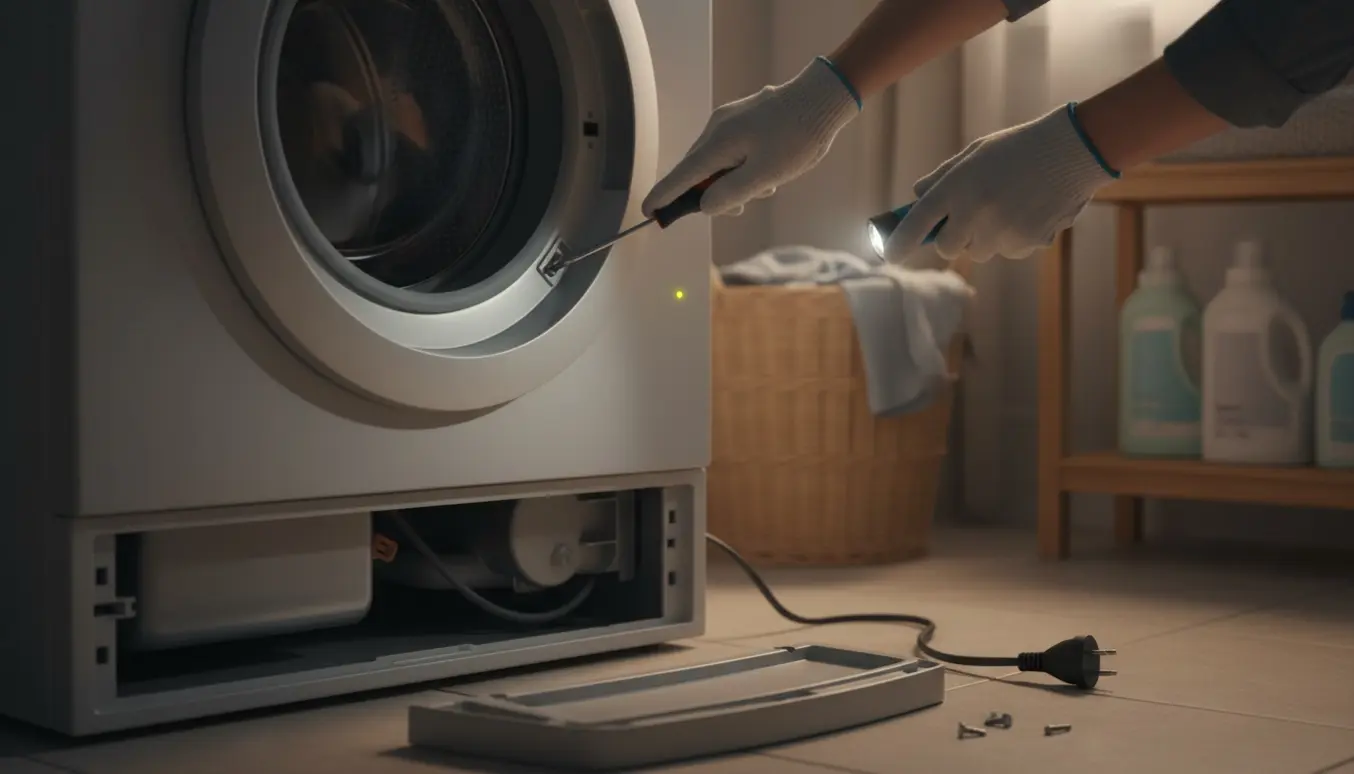 Hænder undersøger en fastklemt vaskemaskinedør med afmonteret bundklap og værktøj i et lyst vaskerum.