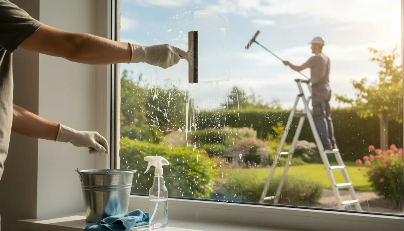 Ind- og udvendig vinduespudsning med klud, vinduesskraber og stige i blødt naturligt lys.