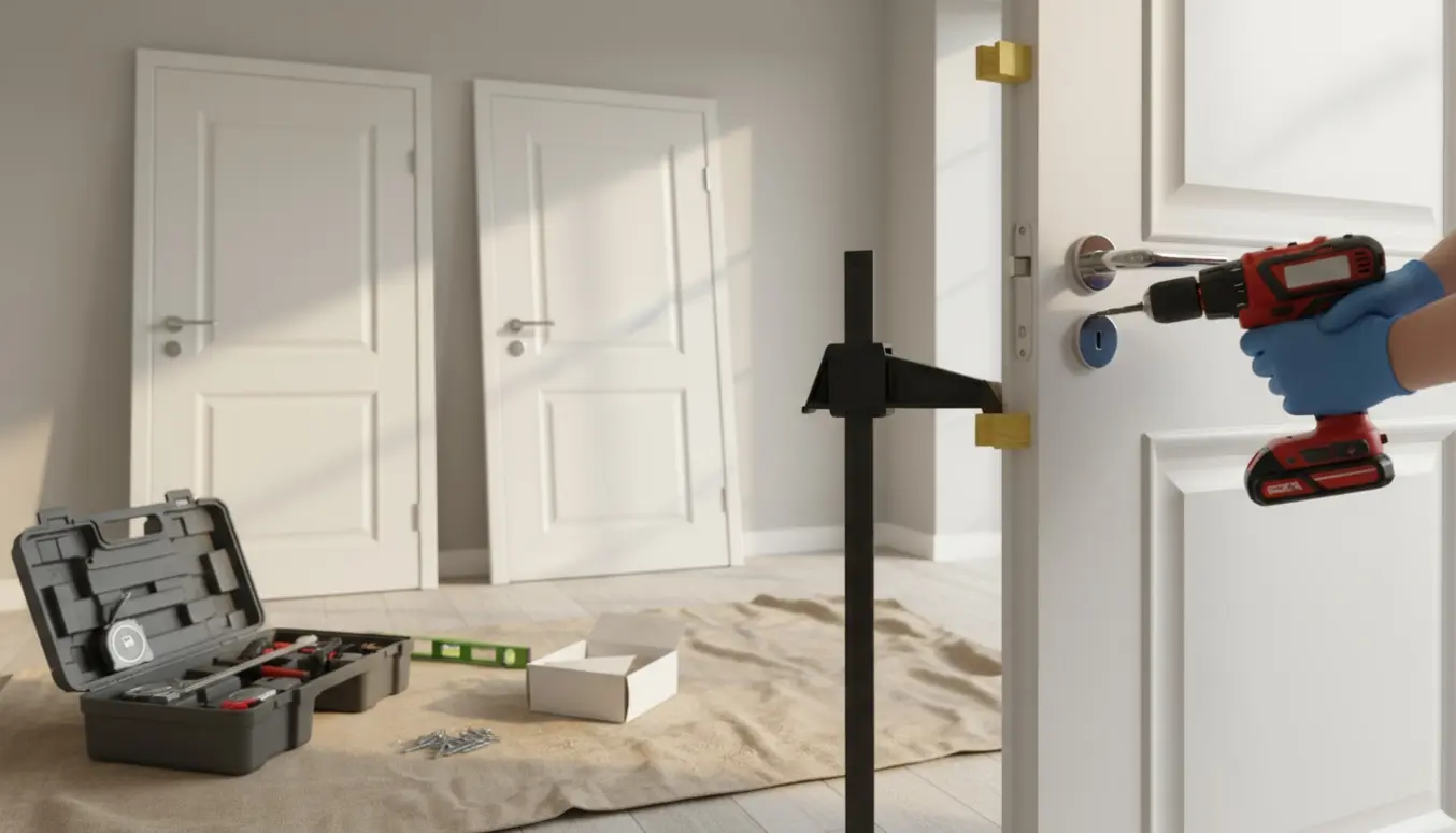 Hvide inderdøre og karme i en gang, håndværker monterer et dørhåndtag.