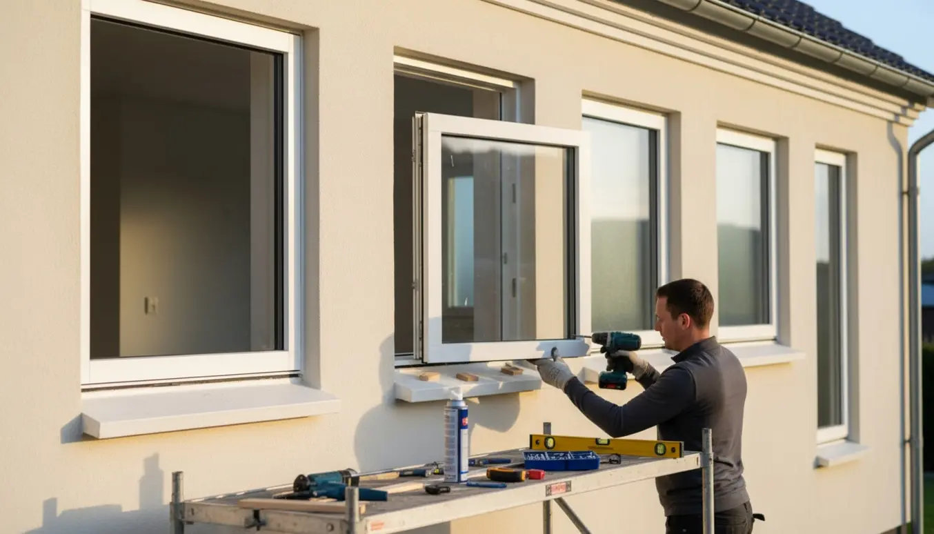 Håndværkerens hænder monterer et nyt vindue i en dansk facade med i alt fire vinduesåbninger.