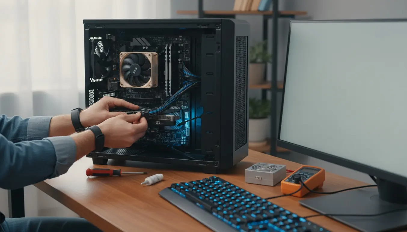 Åben nybygget pc på et skrivebord med hænder, der tilslutter kabler, og et oplyst tastatur i forgrunden.