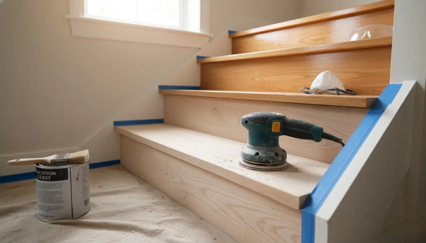 Trappe under slibning og efterbehandling med sandpapir, lak og pensel i naturligt dagslys.