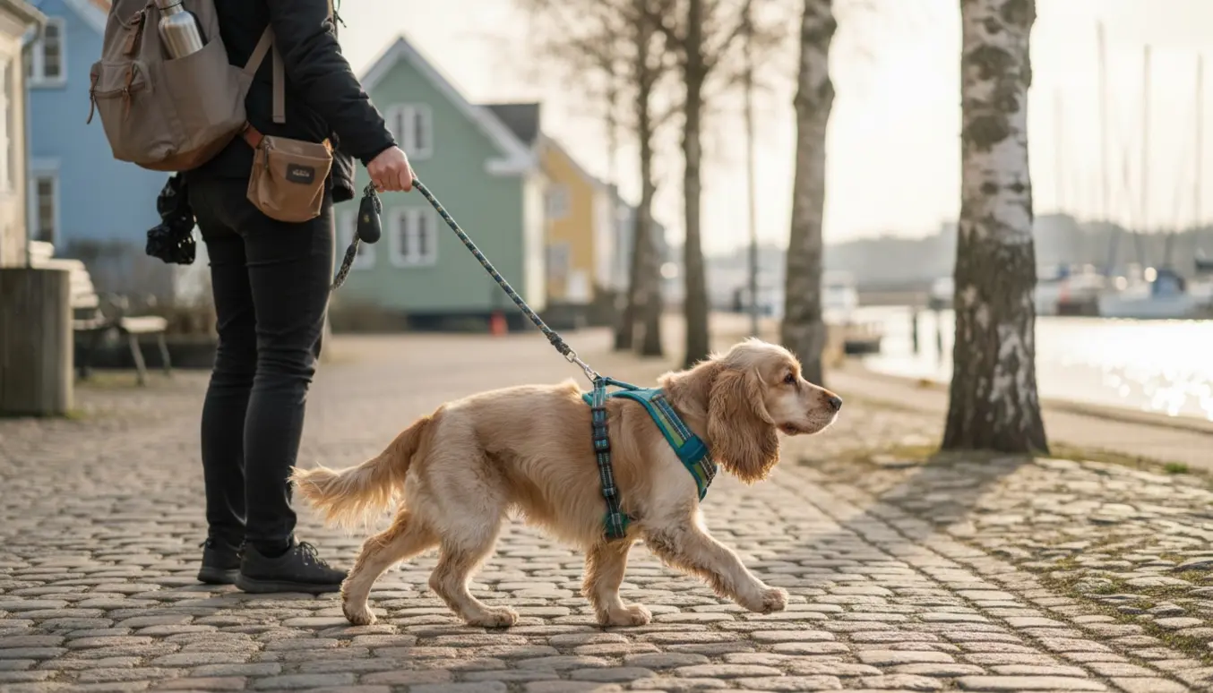 Ung cocker spaniel i sele på gåtur langs en solrig villavej ved kysten, snor holdt af en person uden synligt ansigt.