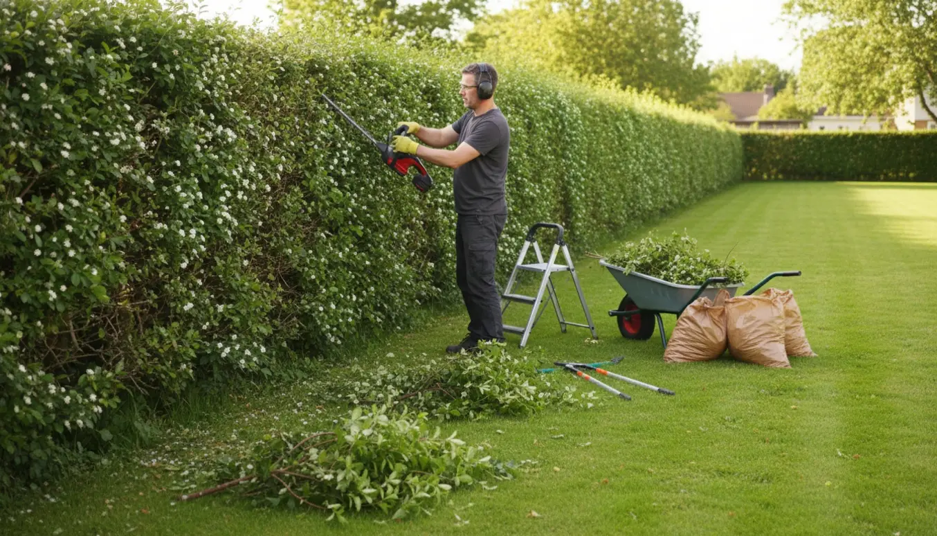 Person trimmer en tæt tjørnehæk med afklippede grene samlet til bortskaffelse.
