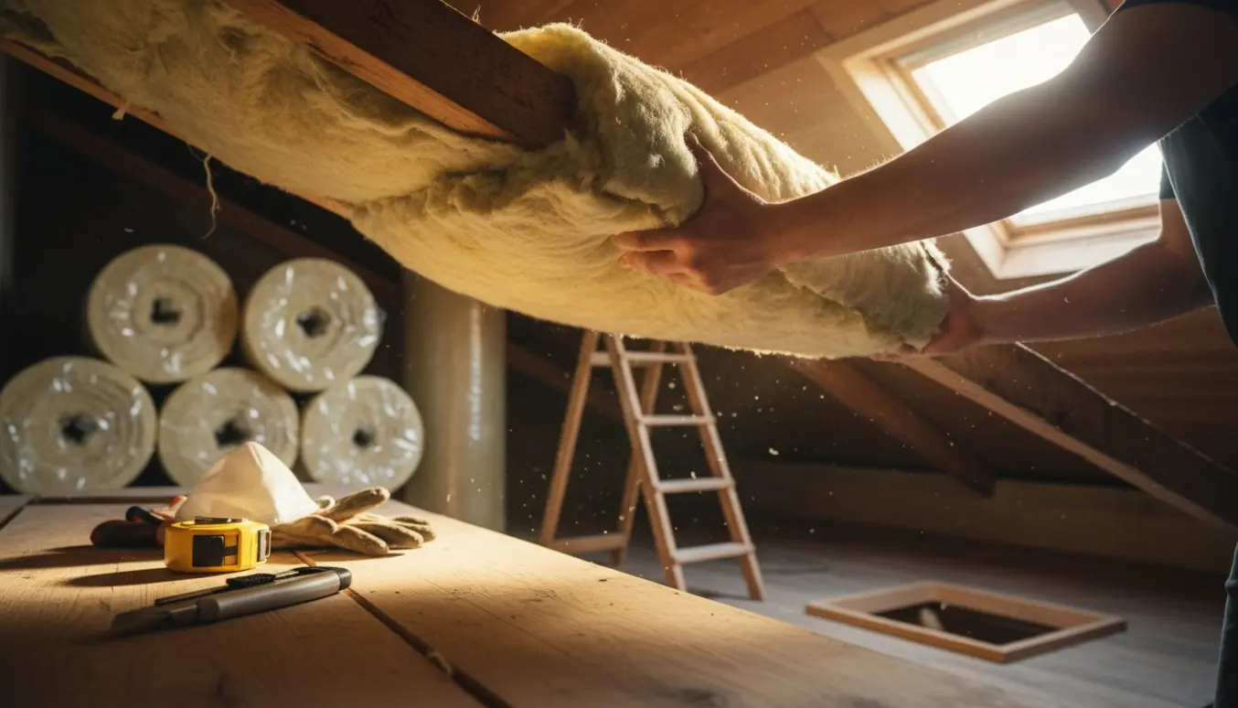 Hænder lægger ny isolering mellem loftsbjælker i et oplyst loftsrum.
