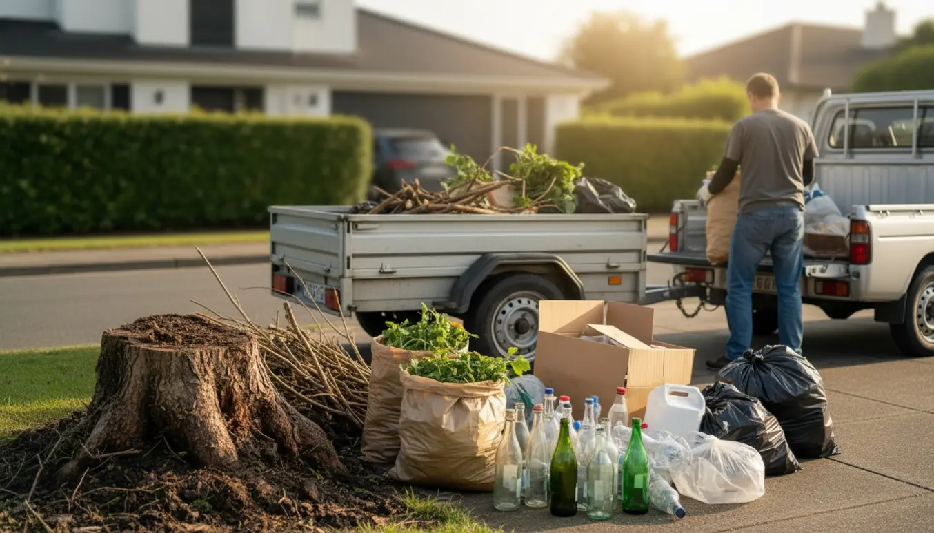 Bunke af blandet have- og husholdningsaffald med en stor rod, flasker og plastik samlet i indkørslen klar til afhentning.