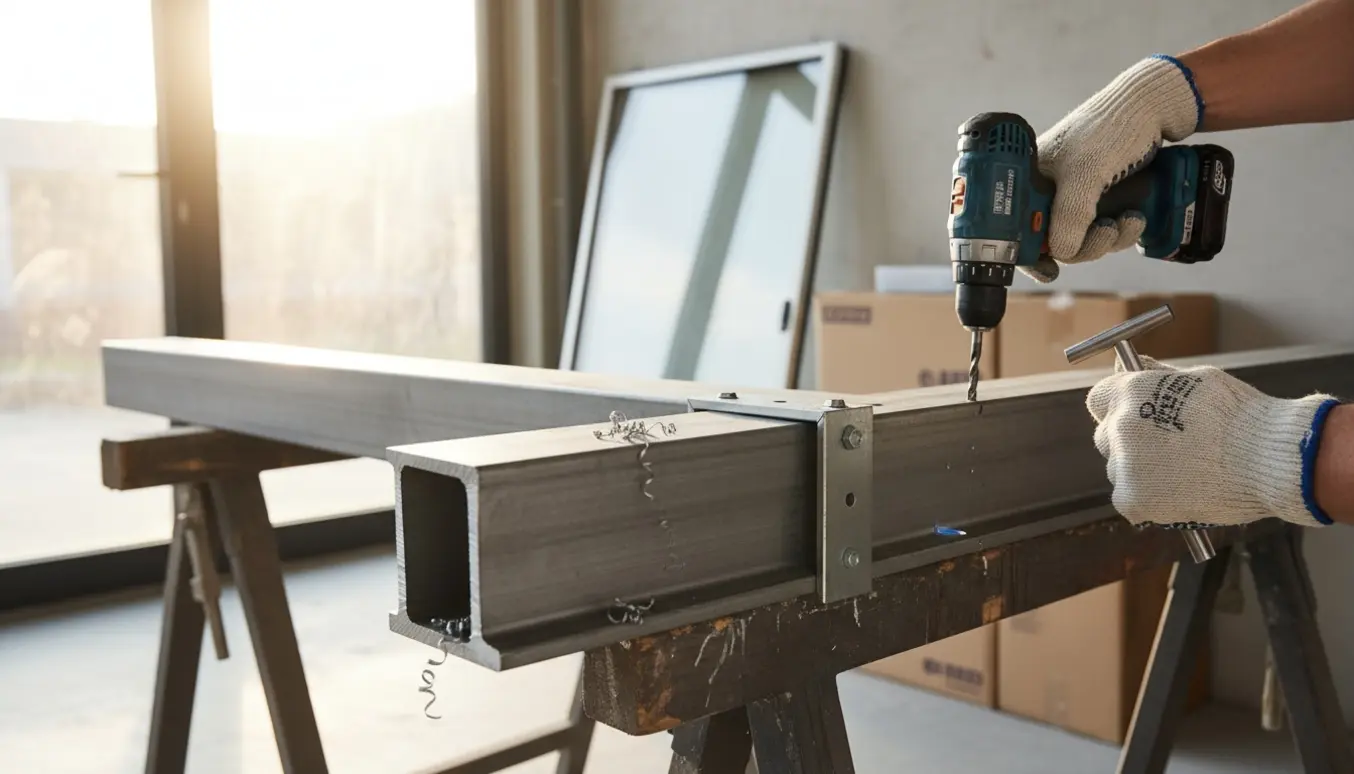 Nærbillede af handskerede hænder der borer og skærer gevind i et stål H-spær med metalspåner og værktøj i et lyst værksted.